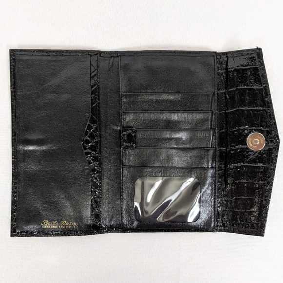 Belle Rose Formal Wallet Patent Leather Crocodile Embossed Shiny Black Retro - Picture 3 of 9